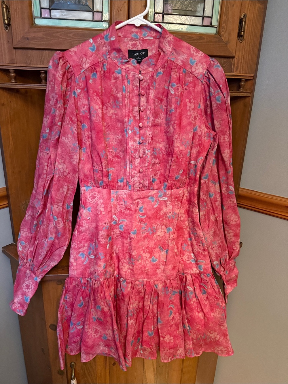 Bardot Nessa Long Poet Sleeve Mini Dress Pink Bloom Floral Size XS US 2